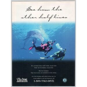 Scuba Diving Magazine Advertisement Dolphin and Divers Underwater Print Ad 1998